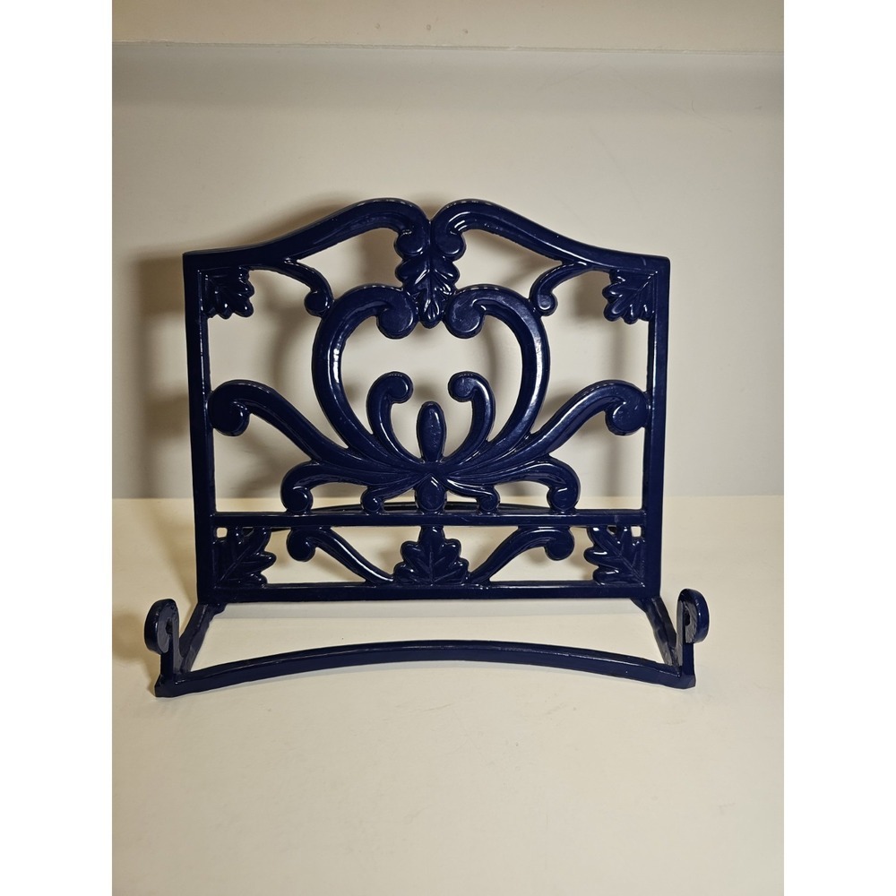 Cobalt Blue Cast Iron Book Holder Display Stand with Scroll